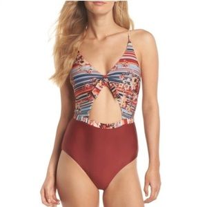 BCA by Rebecca Virtue Love Letters Floral Stripe Cutout One Piece Swimsuit NWT